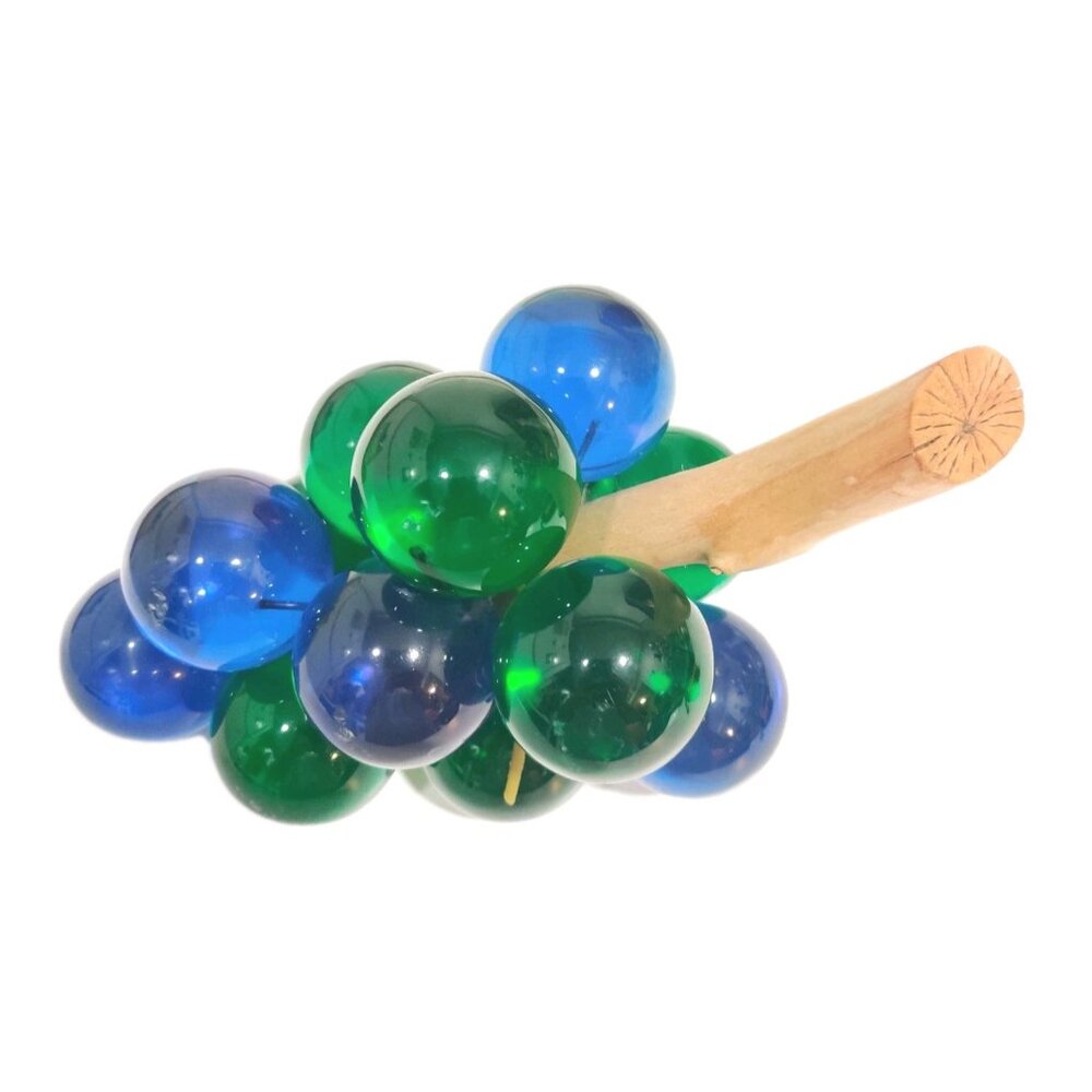 Extra Large Vintage MCM Blue Green Lucite Grapes Cluster On Wood Stem 7+" READ